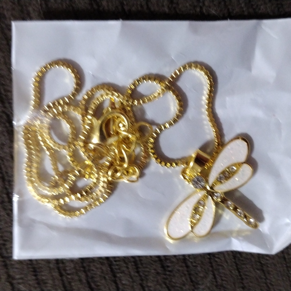 Necklace: Gold-plated iridescent dragonfly pendant